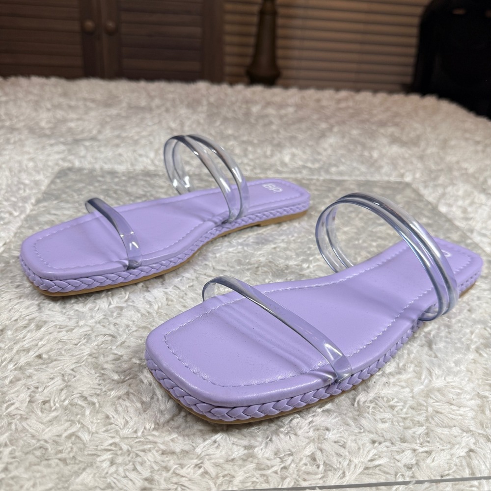 BP Sandals Women's 9.5 Viola Purple Square Toe Clear Strap Flat Sandals Slide - Picture 1 of 6